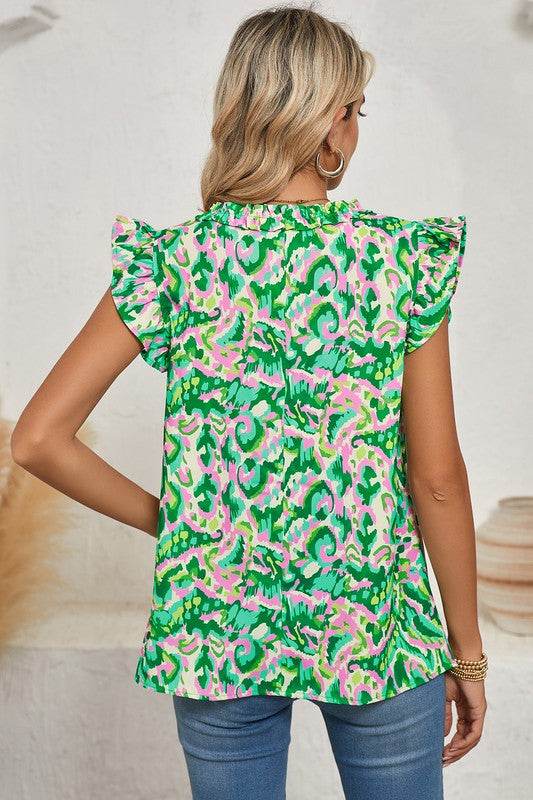 Abstract Ruffled Trim Tied Split Neck Tank Top