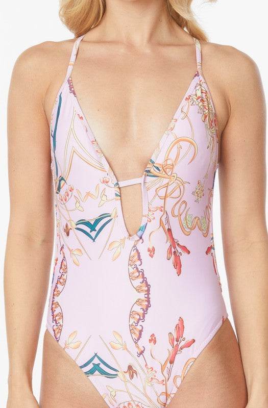 ONE PIECE BATHING SUIT FLORAL PRINT DEEP CUT FRONT