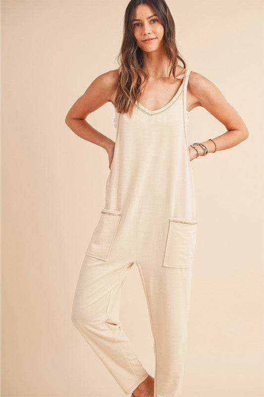 Side Pockets Pants Sleeveless V Neck Jumpsuit