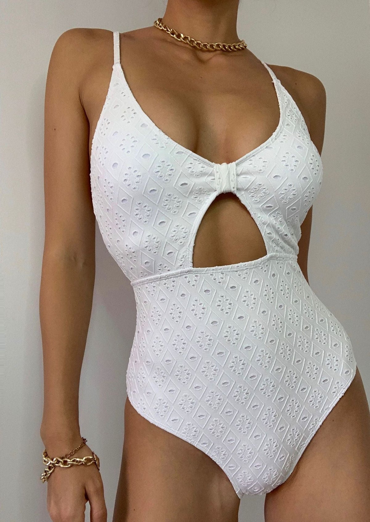 Swimsuit Solid Color One-Piece Hollow Out Cutout Mesh Embroidered Bikini Sexy Swimsuit