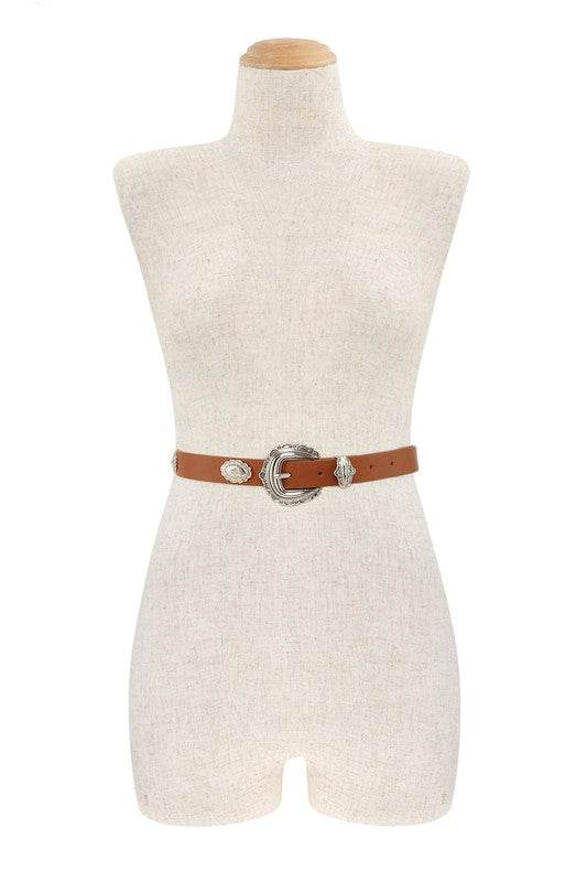 Etched Buckle Faux Leather Belt