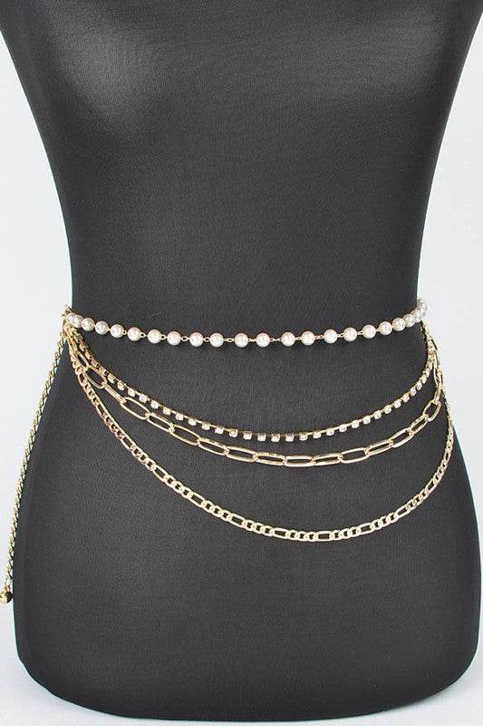 PLUS SIZE RHINESTONE PEARL STATION CHAIN BELT