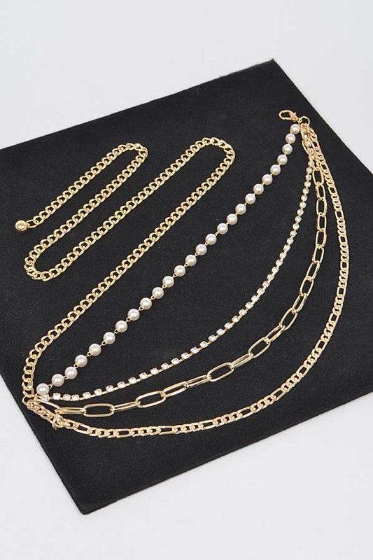 PLUS SIZE RHINESTONE PEARL STATION CHAIN BELT