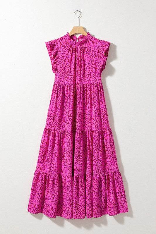 Women Leopard Print Ruffled Trim Tiered Maxi Dress