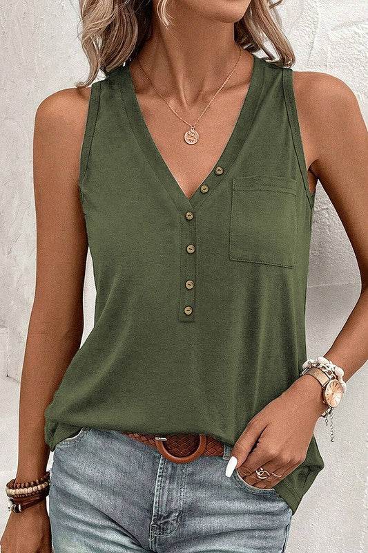 Women Half Button V Neck Patched Pocket Tank Top