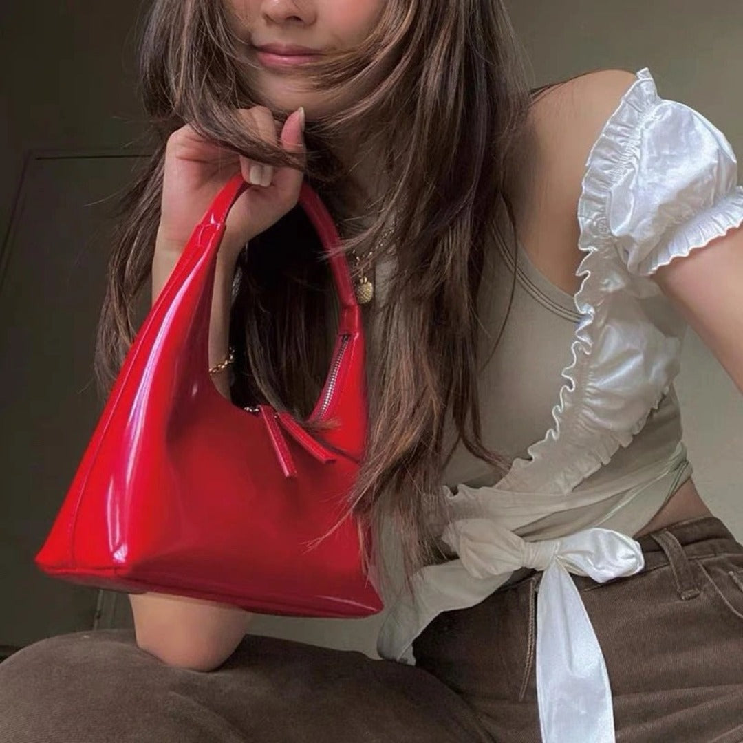 Designer retro crescent bag, small hobo bag, lacquered retro shoulder bag, female hobo handbag