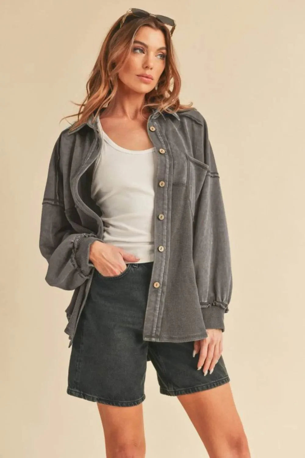 Aemi + Co Acid Washed Exposed Seam Button Up Jacket