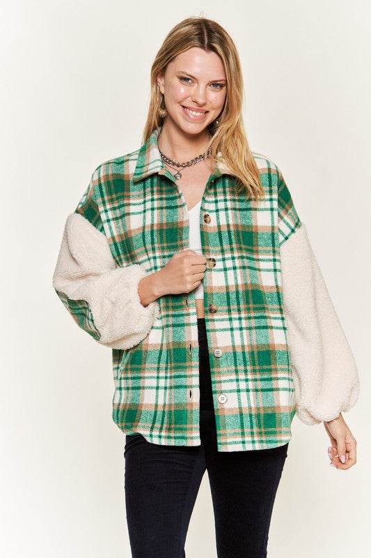Multi plaid fuzzy sleeve jacket JJO1023