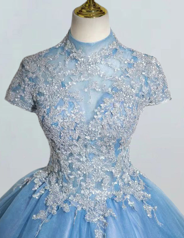 Women's Elegant Blue Tulle Lace Applique Ball Gown | Prom & Bridesmaid Dress