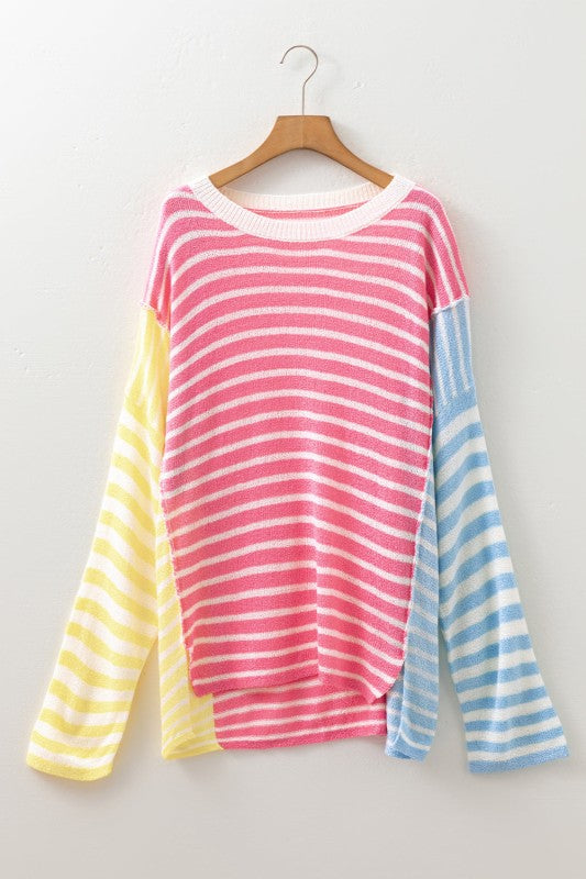 Plus Size Stripe Reverse Seam Colorblock Sweater