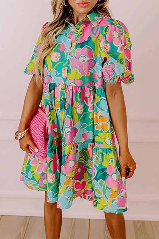 Women Floral Puff Sleeve Buttoned Babydoll Dress