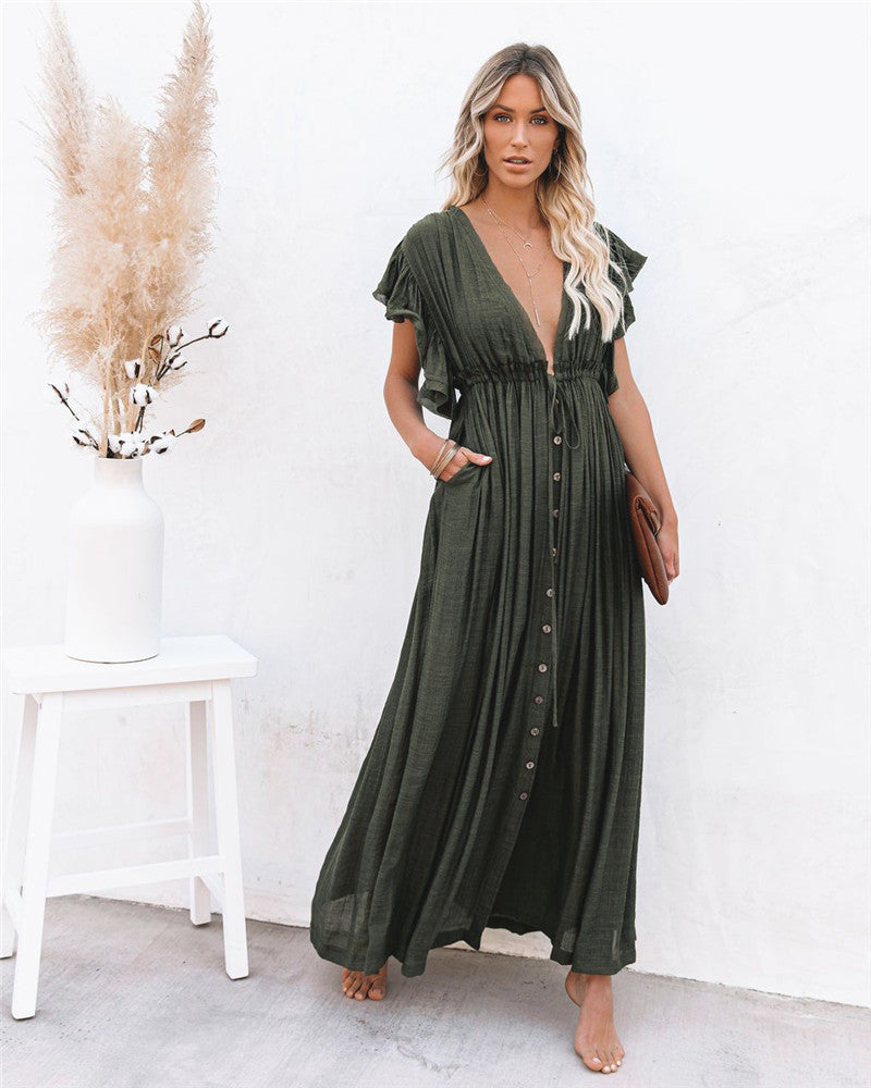 Single Breasted Waist Pull-Belt Beach Cover-up Sexy Backless Holiday Skirt Bikini Swimsuit Blouse