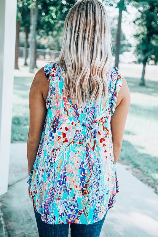 Women Rose Floral Print Tank Top with Ruffles