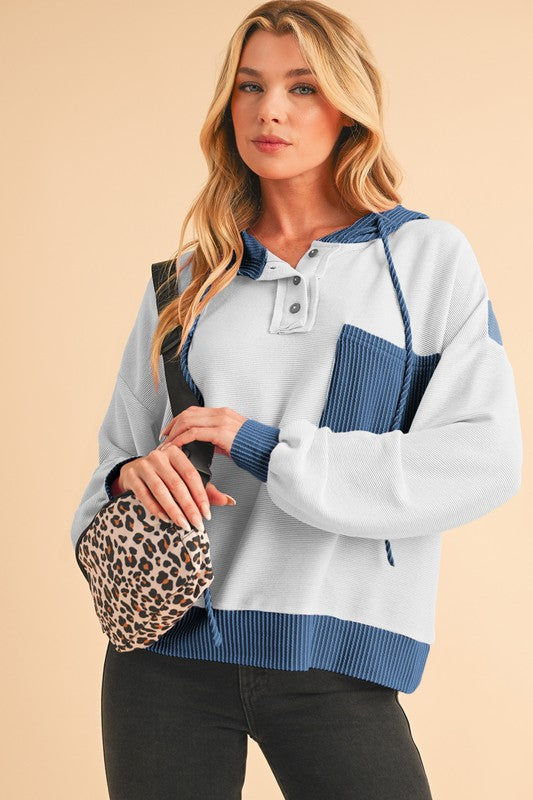 Corded Patch Pocket Drawstring Henley Hoodie