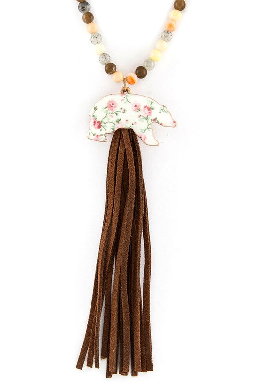 Rose Print Bear & Suede Tassel Necklace Set