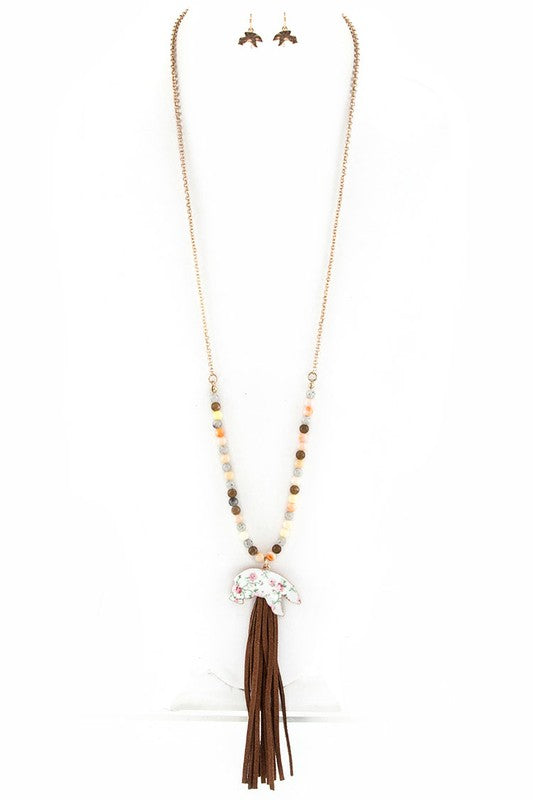 Rose Print Bear & Suede Tassel Necklace Set