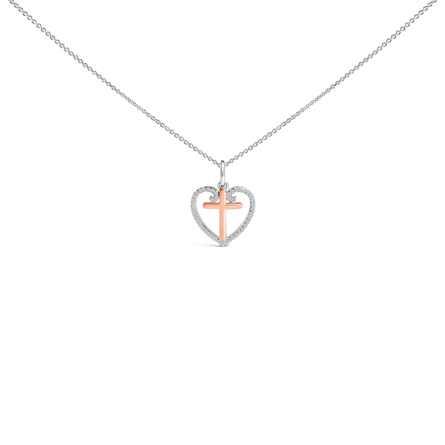14K Rose Gold Plated Sterling Silver 1/5 Cttw Diamond Heart Cross Pendant Necklace
