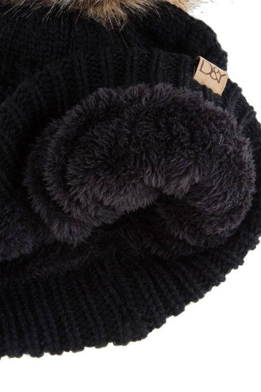 Cable Knit Beanie with Super Pom and Inner Lining