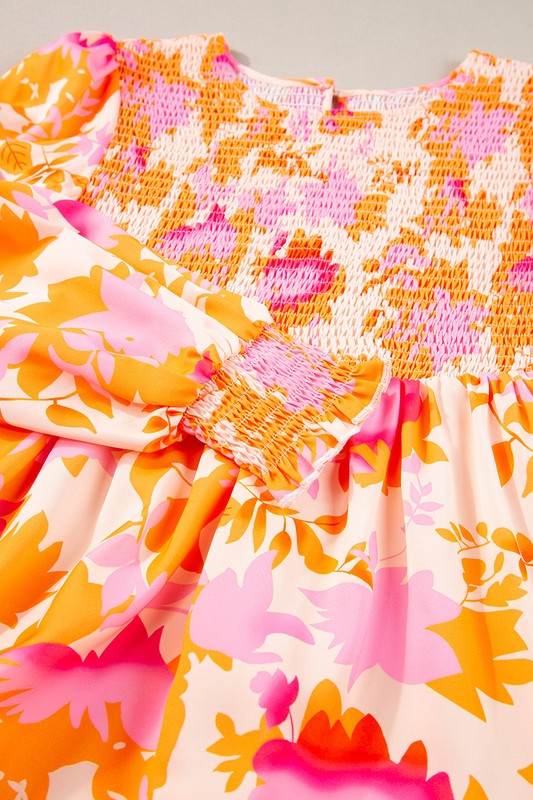 Abstract Smocked Bust Lantern Ruffle Mini Dress