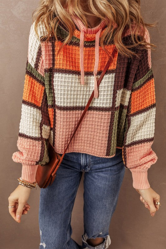 Colorblock Waffle Knit Drawstring Mock Neck Sweate