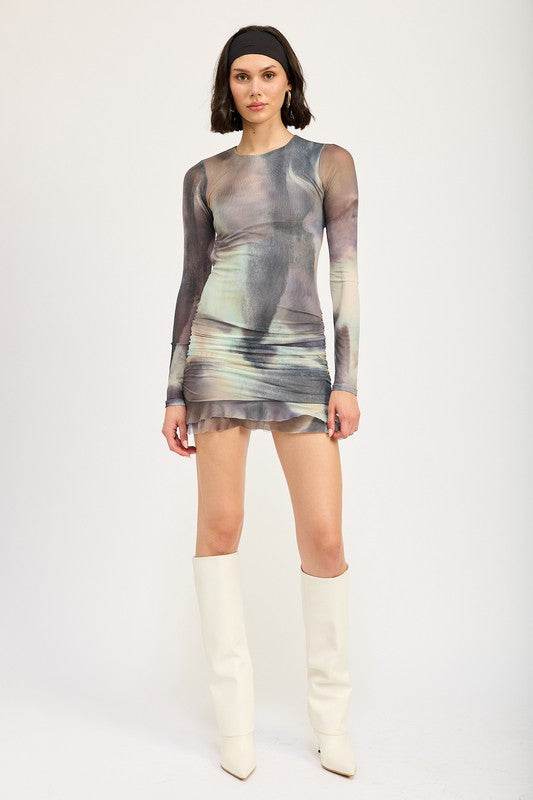 LONG SLEEVE RUFFLED MINI DRESS WITH CUTOUT