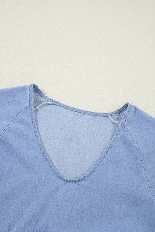 Puff Sleeve Tiered Ruffled Chambray Mini Dress