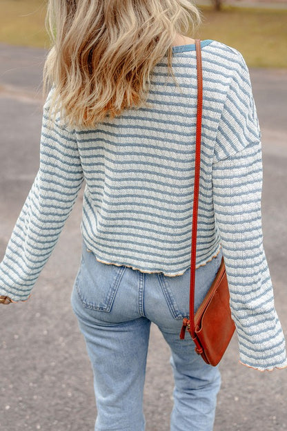 Stripe Textured Long Sleeve Henley Top