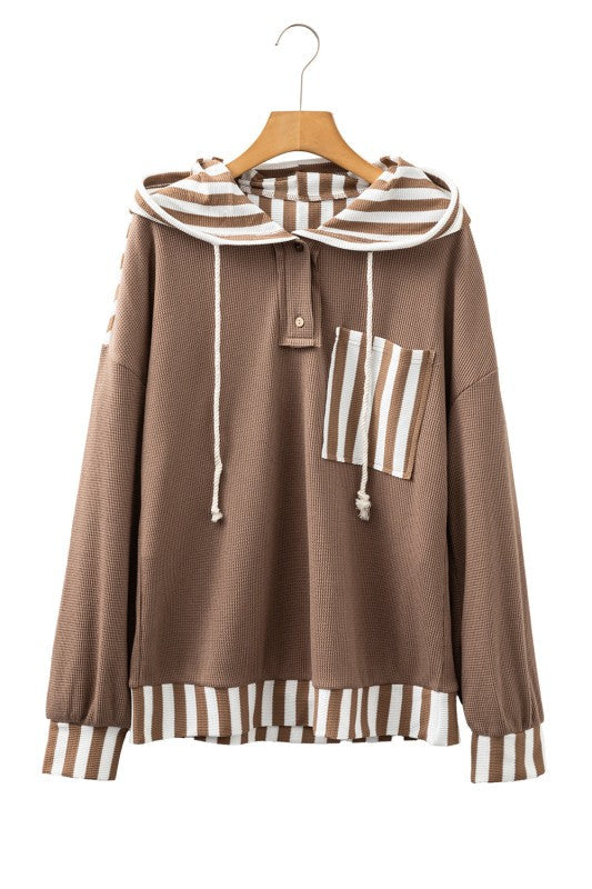 Stripe Patchwork Waffle Knit Buttoned Hoodie