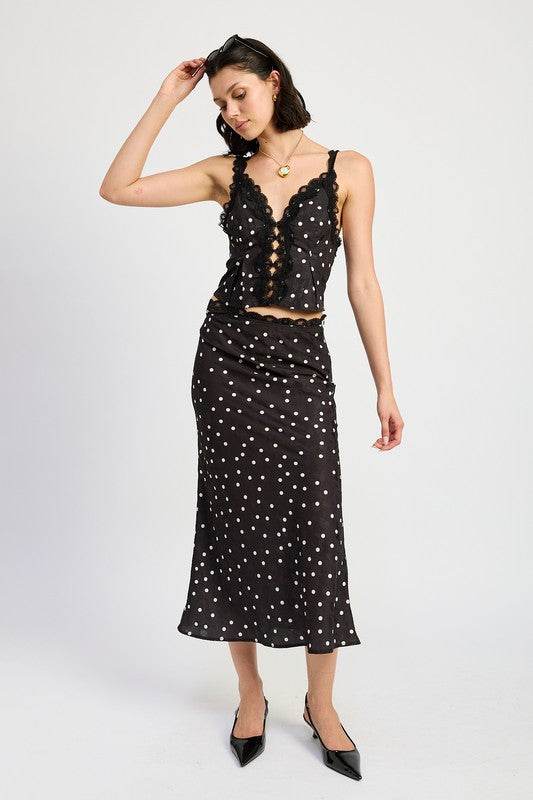 SATIN MIDI SKIRT WITH LACE TRIM