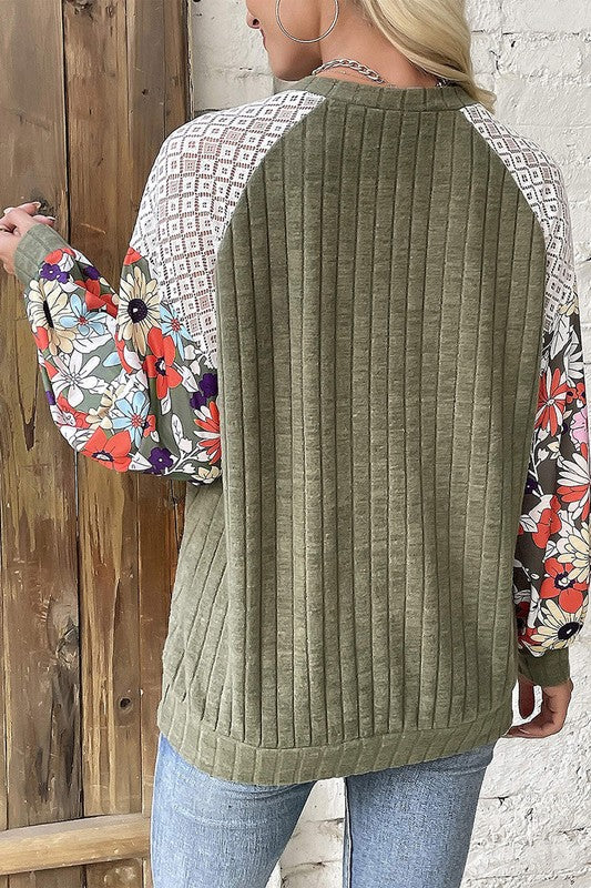 Green Floral Patchwork Long Sleeve Ribbed Blouse