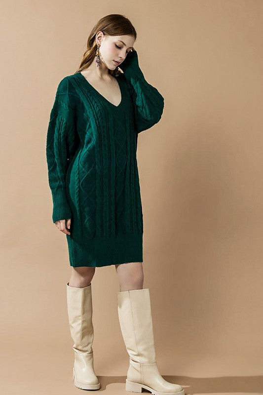 V-Neck Ribbed Hem Cable Knit Sweater Dress