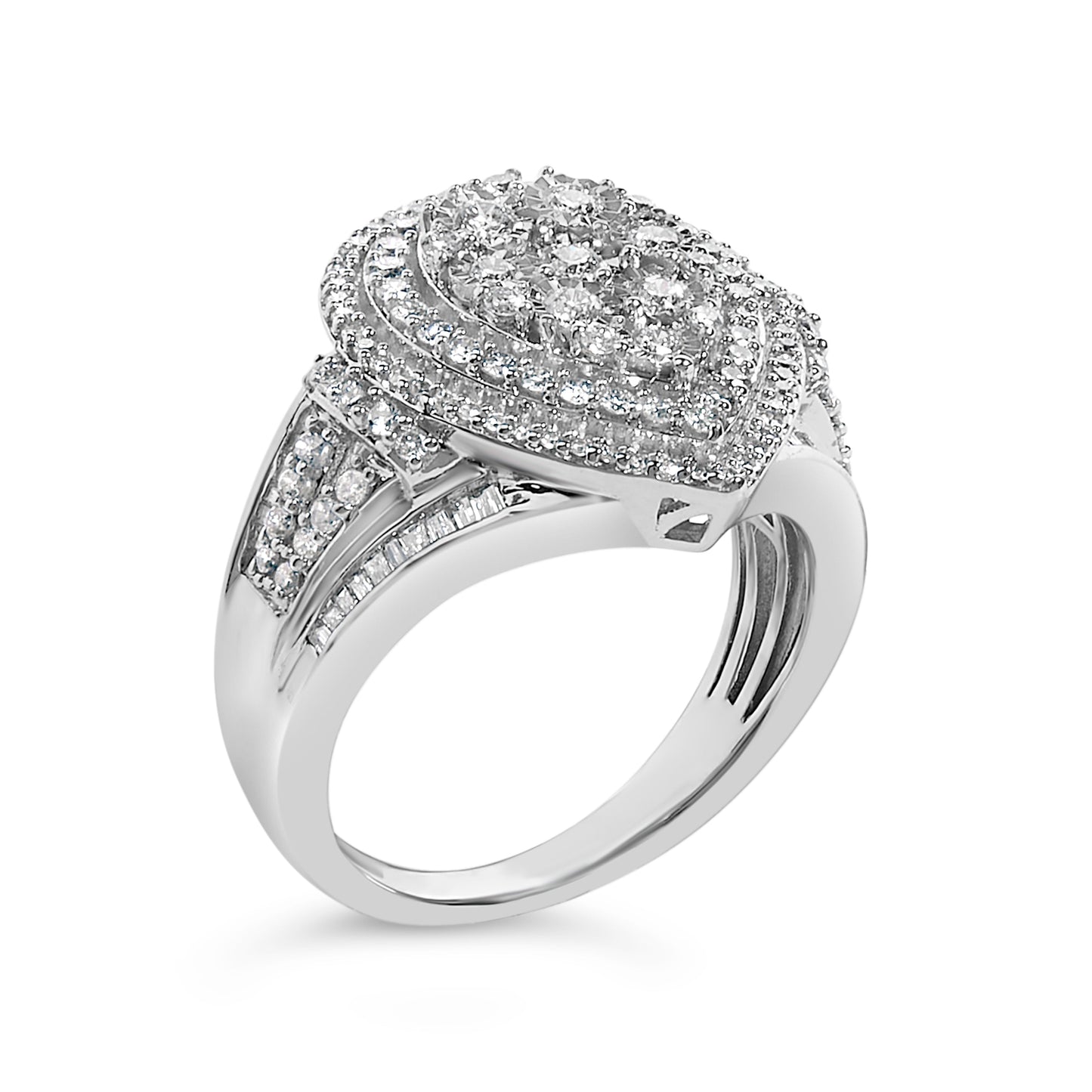 Sterling Silver 1 Cttw Diamond Pear-Shaped Triple Halo Cluster Ring