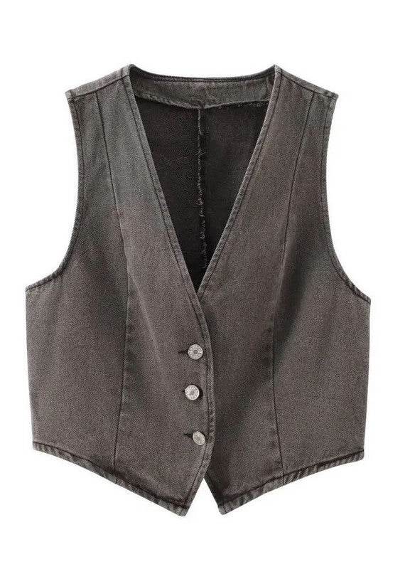 Cropped button front denim vest