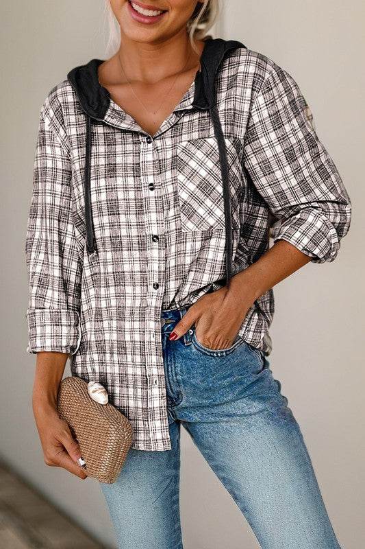 Checkered Print Hooded Patchwork Loose Fit Shacket