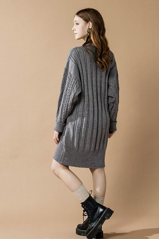 V-Neck Ribbed Hem Cable Knit Sweater Dress