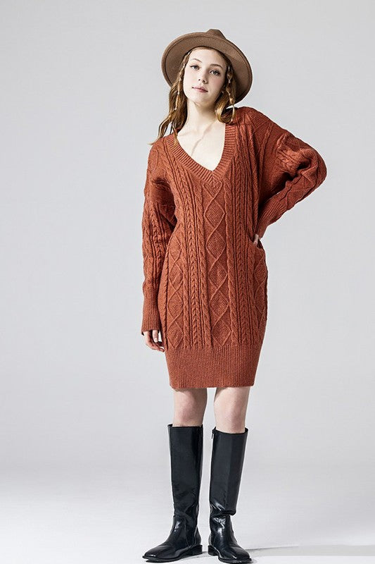 V-Neck Ribbed Hem Cable Knit Sweater Dress