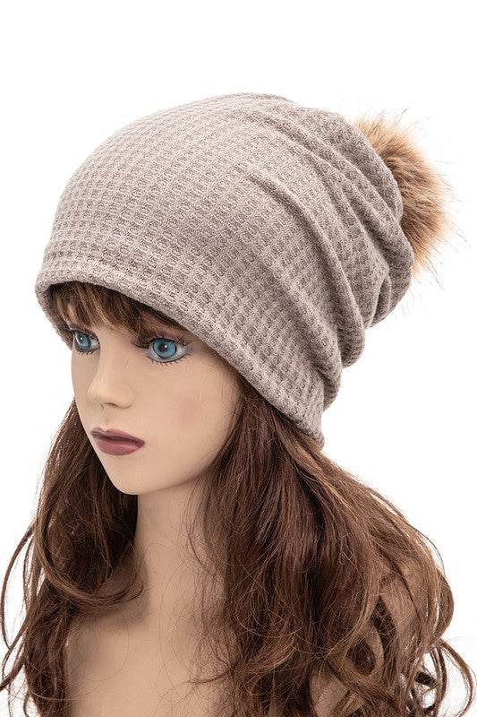 Faux Fur Pom Cotton Slouchy Beanie