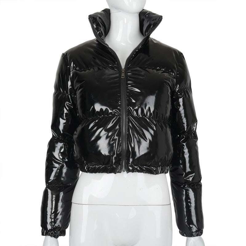 Women Clothing Winter Long leeved Zipped Stand up Collar Thermal Mirror Casual Cotton padded Jacket Outerwear