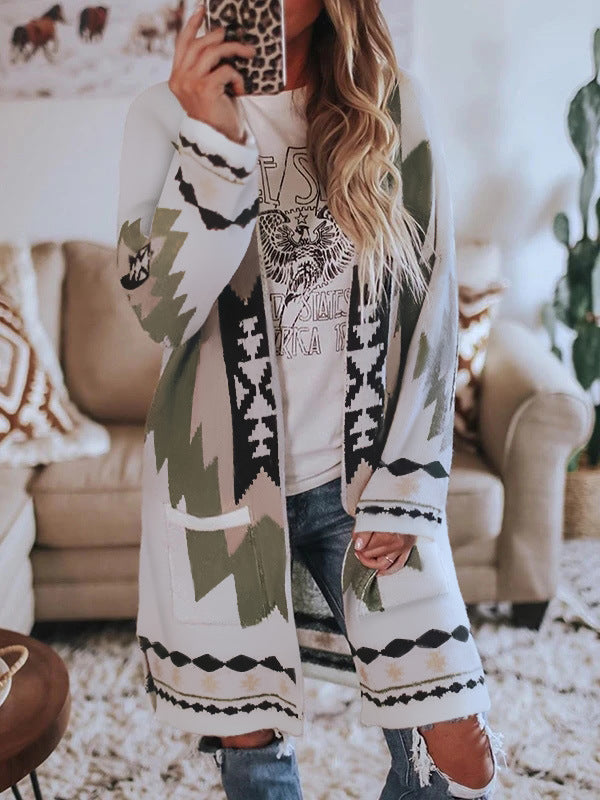 Spring Summer Women Clothing Long-Sleeved Printed Cardigan Coat Woolen Coat