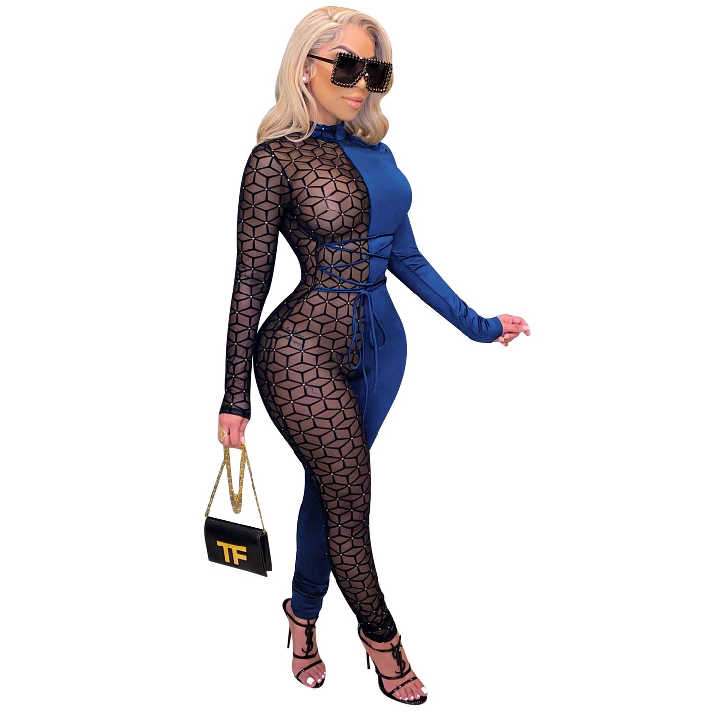 High Round Neck Printing Stitching Tied Slim Fit One Piece Nightclub Uniforms