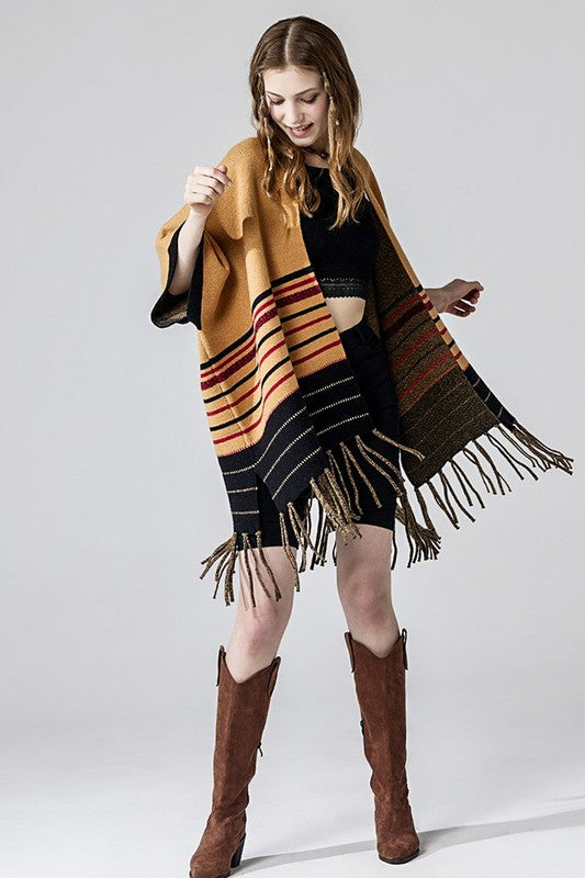 Western Striped Fringed Ruana Poncho Cardigan