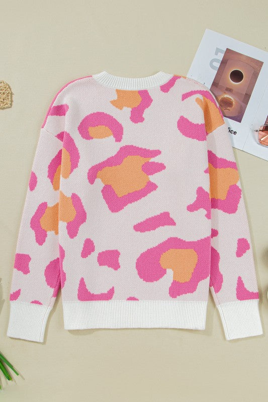 Leopard Round Neck Drop Shoulder Sweater