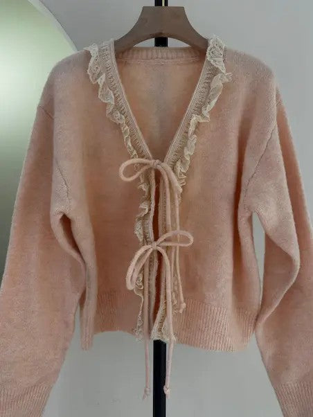 Front tie ruffled trim Cardigan