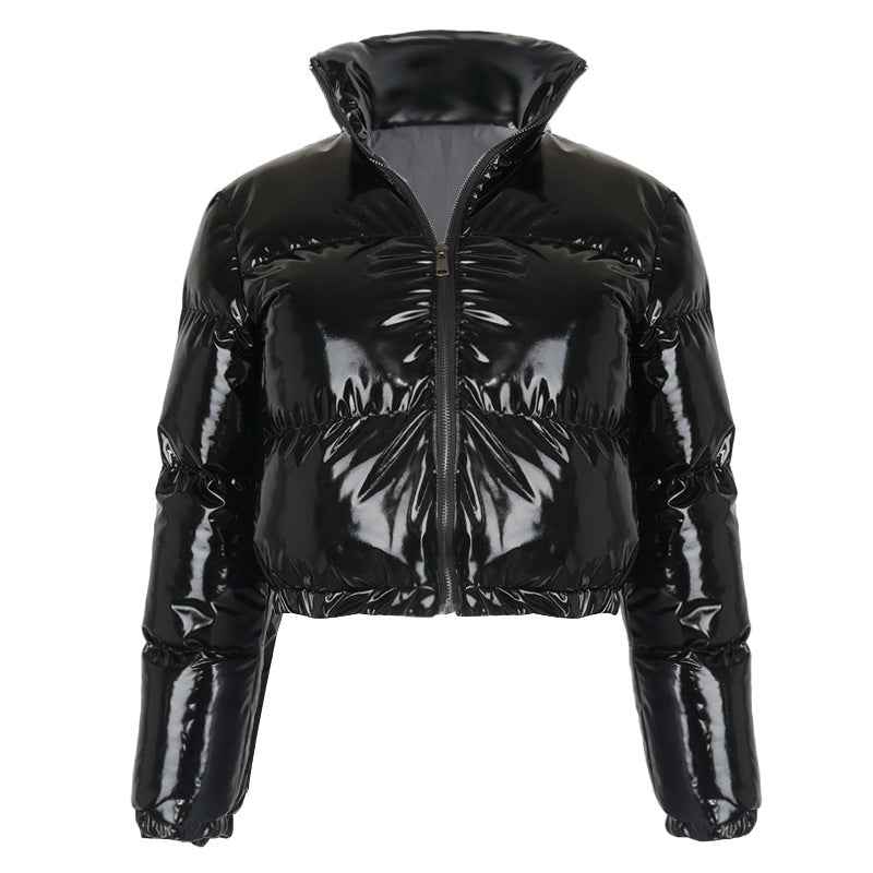 Women Clothing Winter Long leeved Zipped Stand up Collar Thermal Mirror Casual Cotton padded Jacket Outerwear