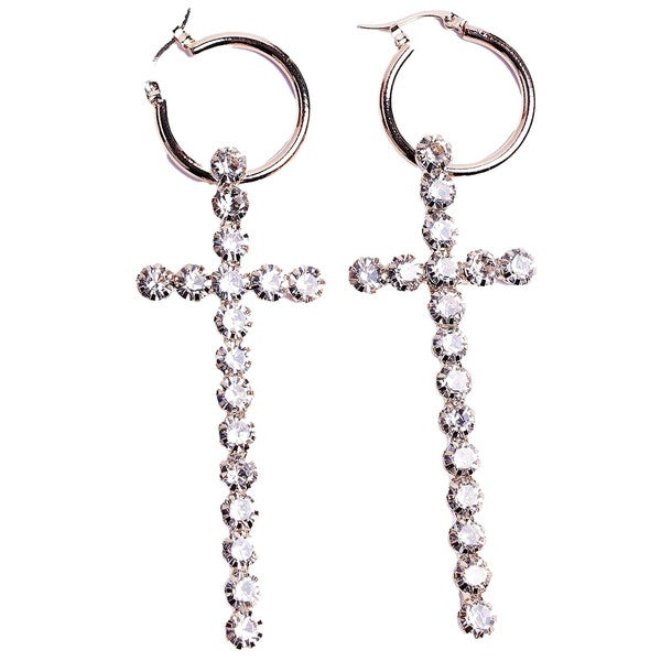Big Cross Rhinestone Mini Hoop Earrings