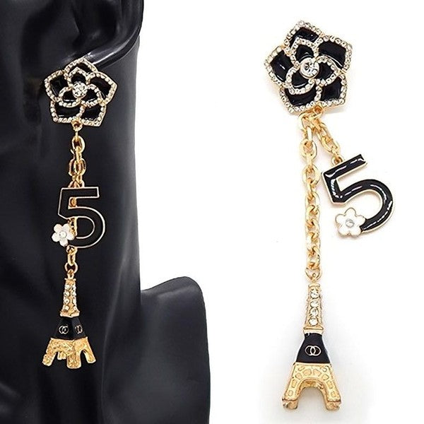 Flower Eiffel Tower Number 5 Dangle Earrings