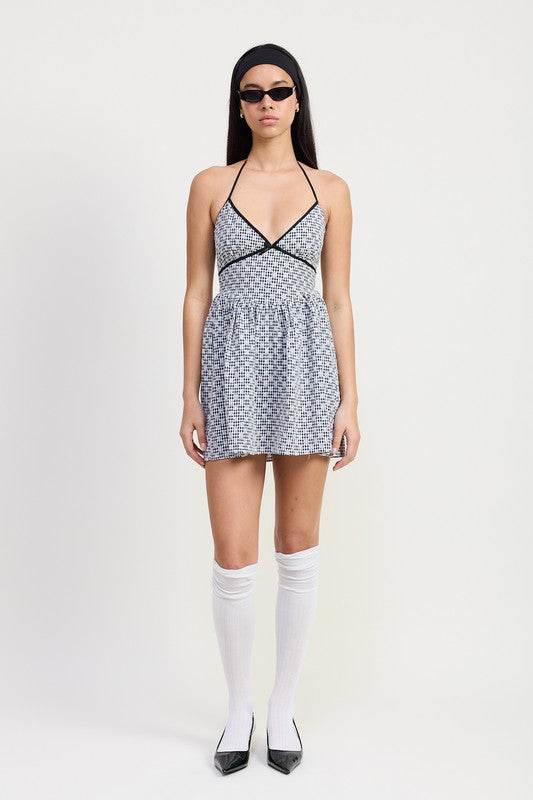 GINGHAM HALTER NECK MINI DRESS