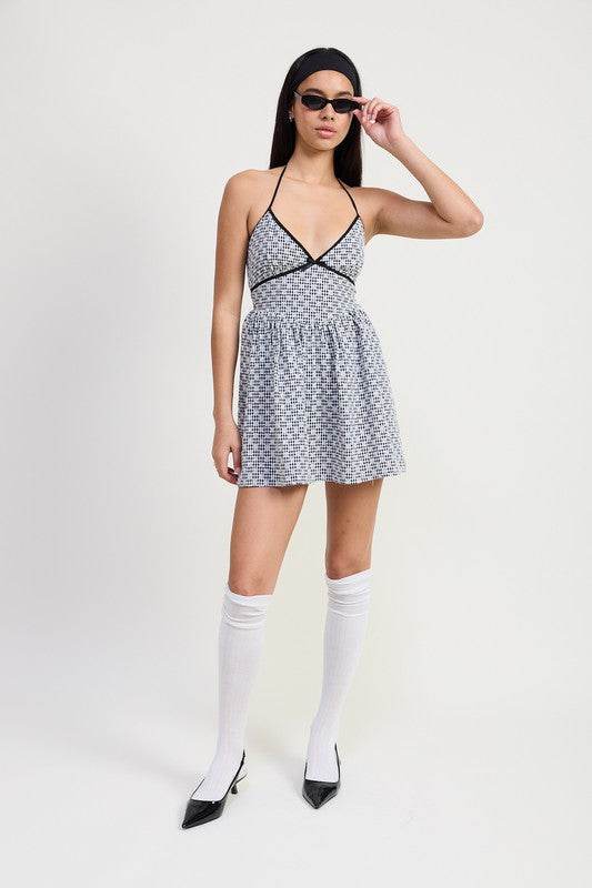 GINGHAM HALTER NECK MINI DRESS