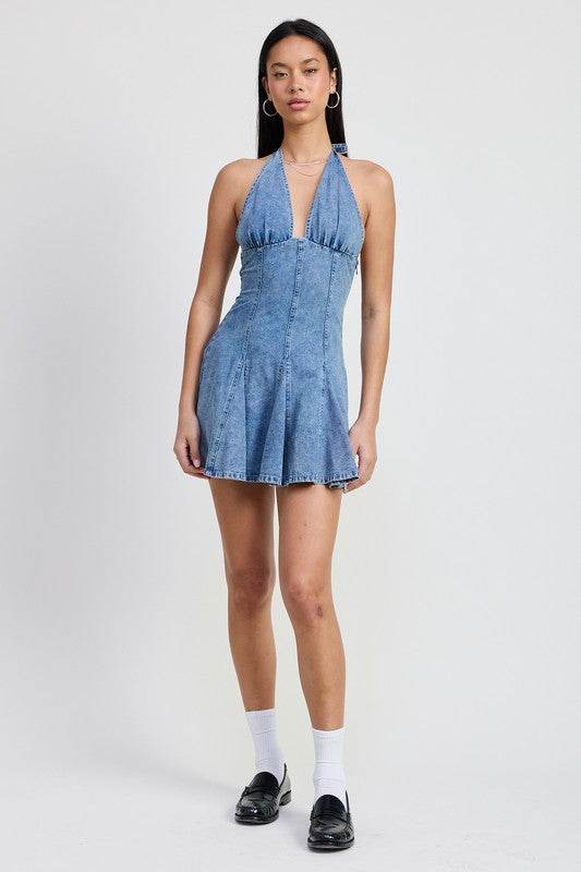 MINI HALTER NECK DENIM DRESS
