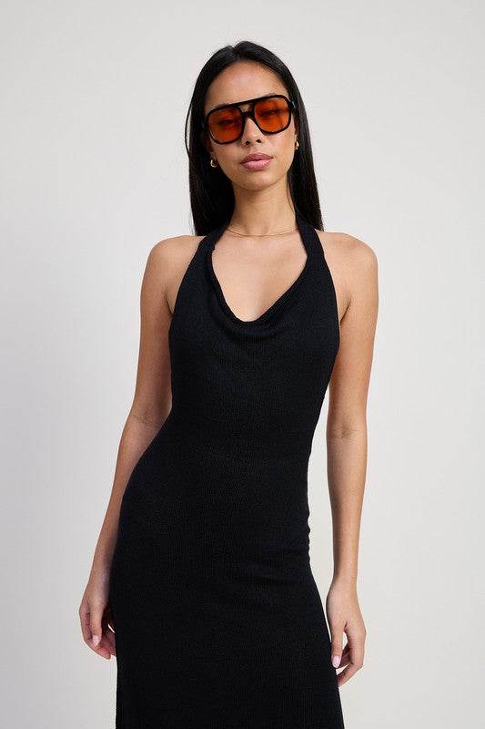 COWN NECK MIDI OPEN BACK DRESS